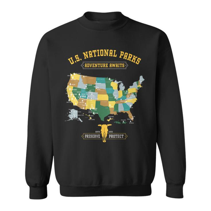 All 63 Us National Parks Map Outdoor Adventure On Back Sweatshirt