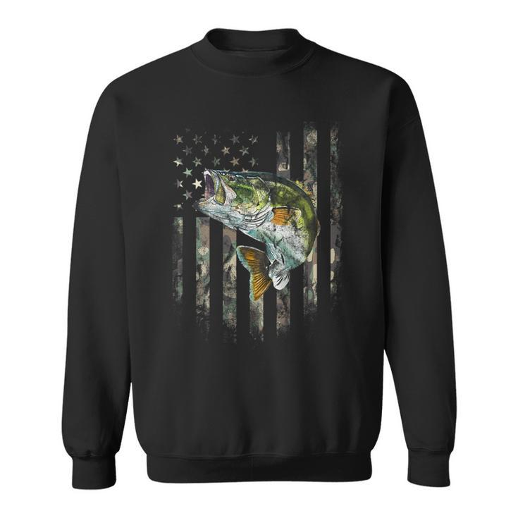 American Flag Print On The Back Camo Bass Fish Fishing Sweatshirt