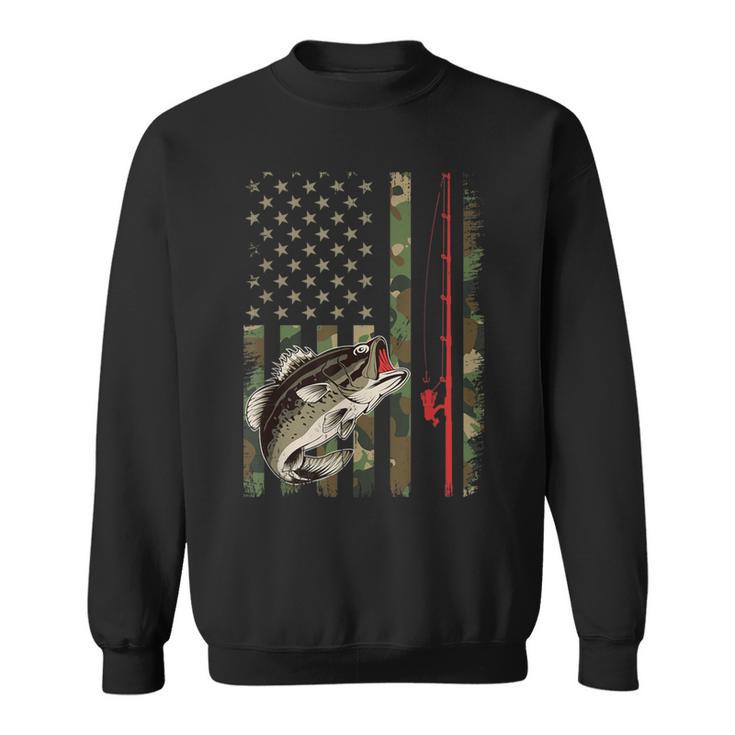 American Flag Fishing Rod Grunge Camouflage Largemouth Bass Sweatshirt