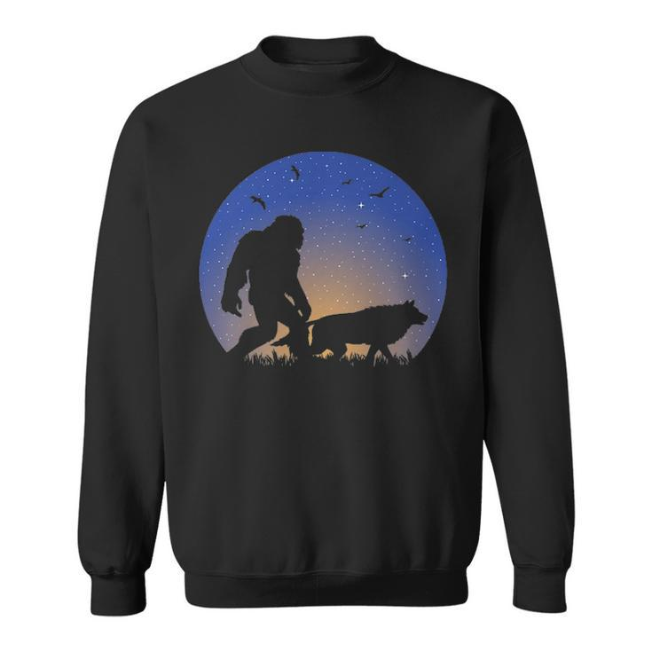 Bigfoot With Wolf Companion Silhouette Nightime Stars Sweatshirt