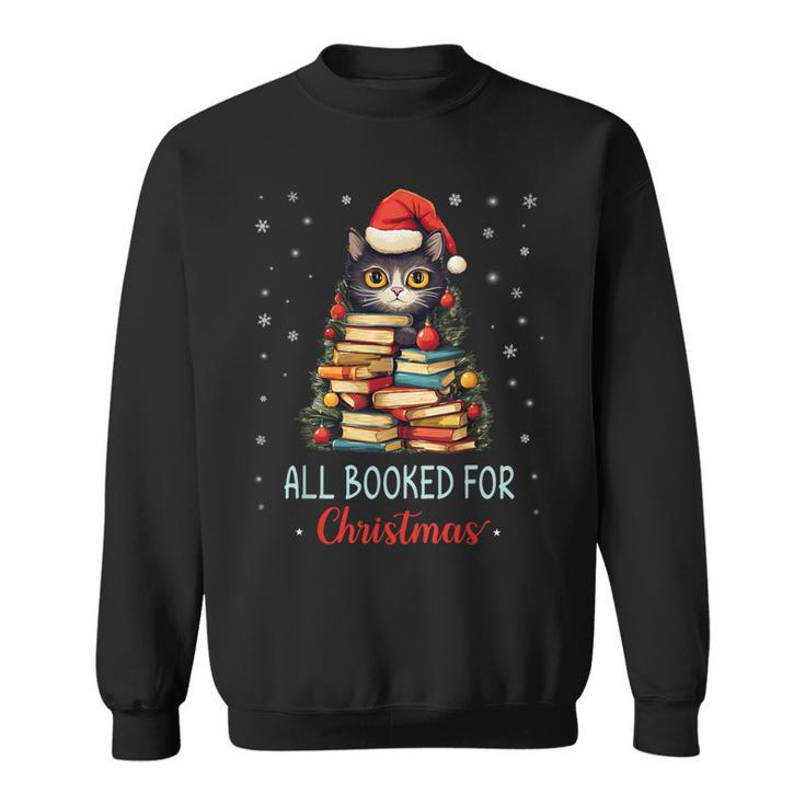 All Booked For Christmas Black Cat Santa Christmas Book Tree Sweatshirt