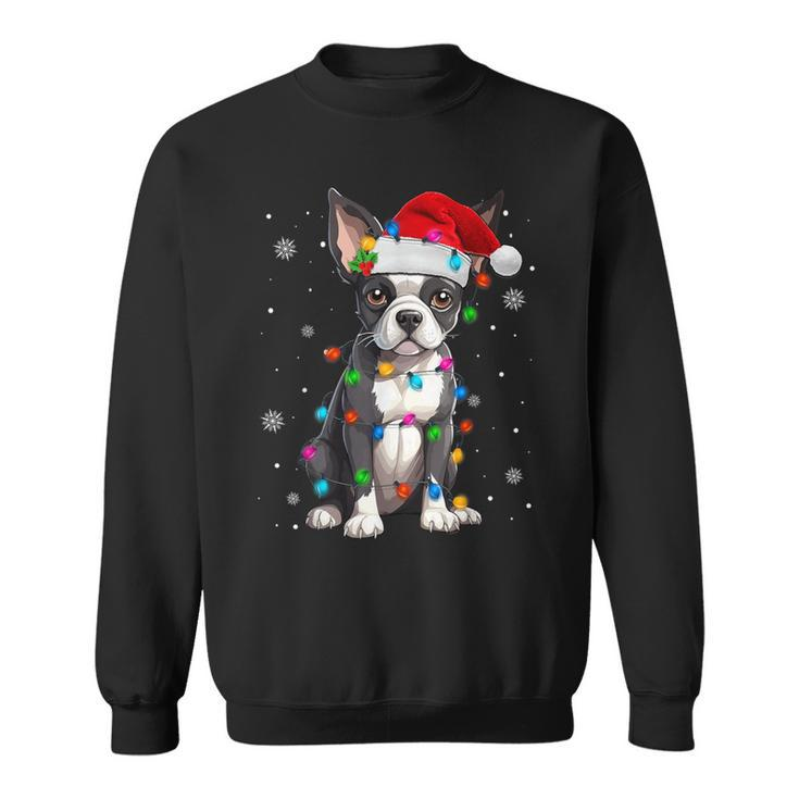 Boston Terrier Christmas Santa Hat Tree Lights Pajama Sweatshirt