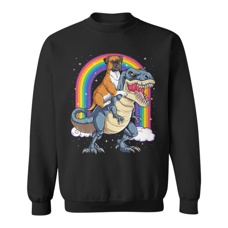 Boxer Riding DinosaurRex Dog Lover Boys Kids Rainbow Sweatshirt