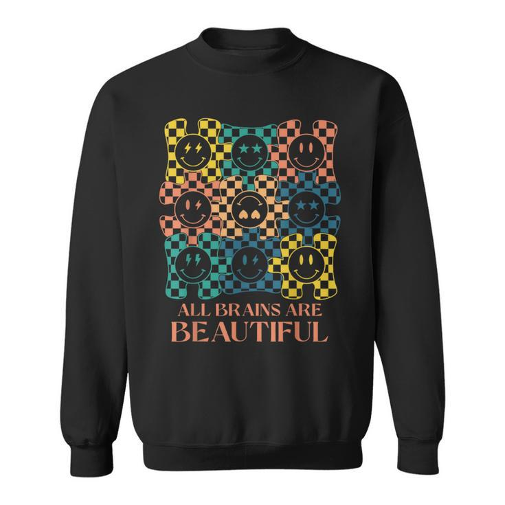 All Brains Are Beautiful Smile Face Autism Awareness Groovy Sweatshirt