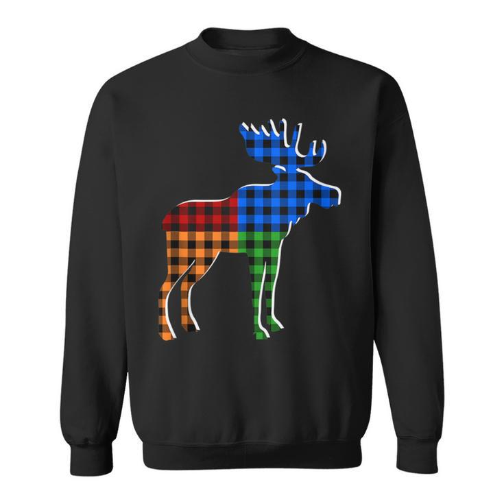 Buffalo Plaid Standing Moose Silhouette Colorful Moose Lover Sweatshirt