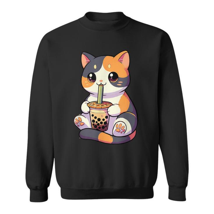 Cat Drinking Boba Feline Japanese Pet Kawaii Boba Calico Cat Sweatshirt