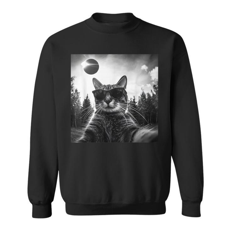 Cat Solar Eclipse 2024 Totality Meme Retro Cat Selfie Sweatshirt