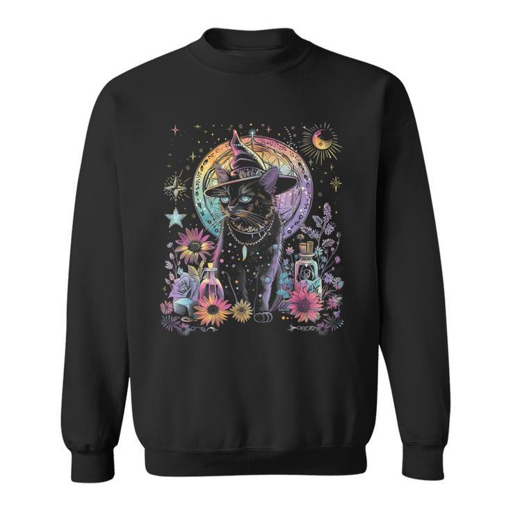 Graphic Cat Witchy And Flowers Cats With Crescent The Moon Sweatshirt