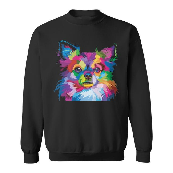 Colorful Chihuahua Long Hair Dog Lover Pop Art Artistic Sweatshirt