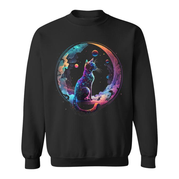 Cosmic Cat Cool Colorful Crescent Moon And Clouds Kitten Sweatshirt
