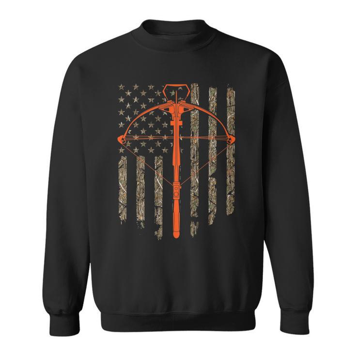 Crossbow Archery Bow Hunting Camo American Flag Distressed Sweatshirt