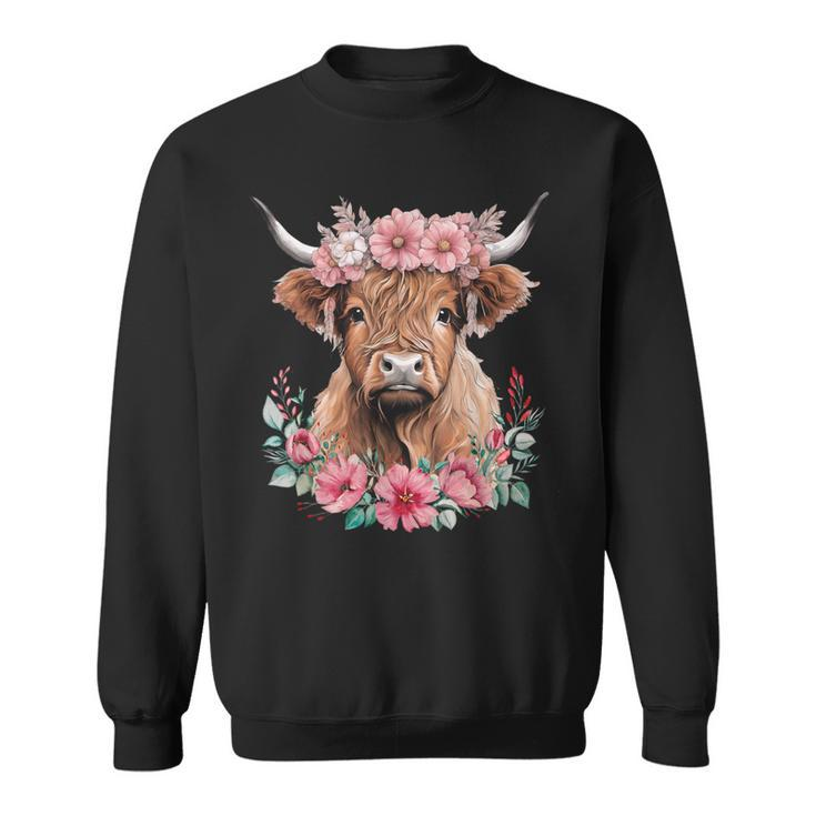 Cute Baby Highland Cow With Flowers Calf Animal Cow Women Sweatshirt