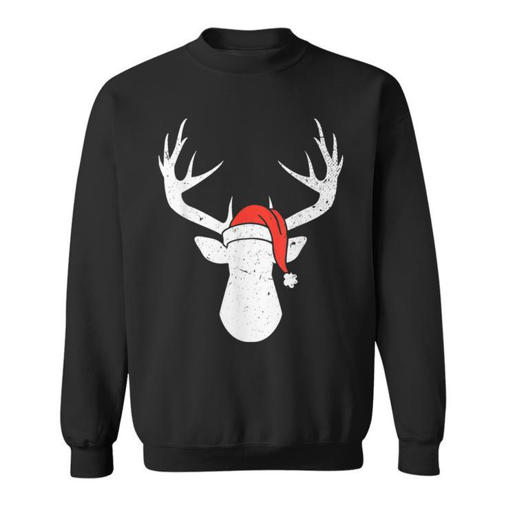 Deer With Santa Hat Christmas Pajama Hunting Hunter Xmas Sweatshirt