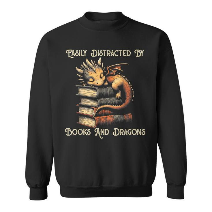 Easily Distracted By Books & Dragons Bookworm Reading Sweatshirt