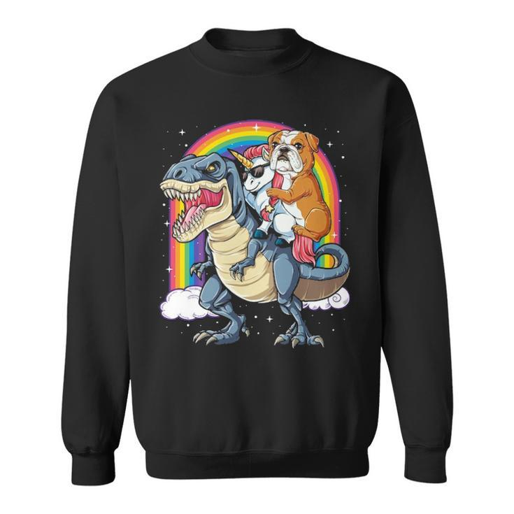 English Bulldog Unicorn Riding Dinosaur T Rex Sweatshirt