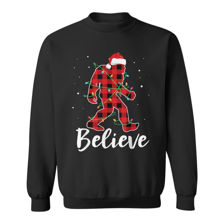 Believe Plaid Bigfoot Christmas Light Sasquatch Santa Sweatshirt