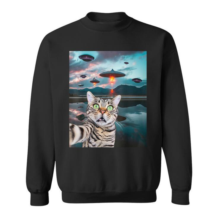 Cat Selfie With Ufos Cute Alien Cat In The Cap Sweatshirt