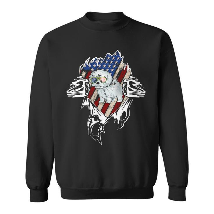 Maltese Dog Vintage Usa American Flag Sweatshirt