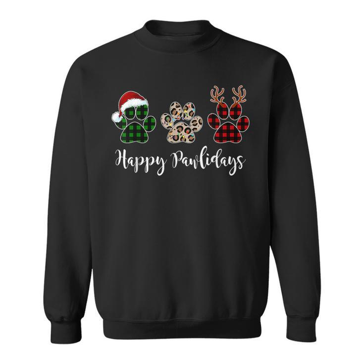 Happy Pawlidays Dog Paws Buffalo Plaid Leopard Christmas Sweatshirt