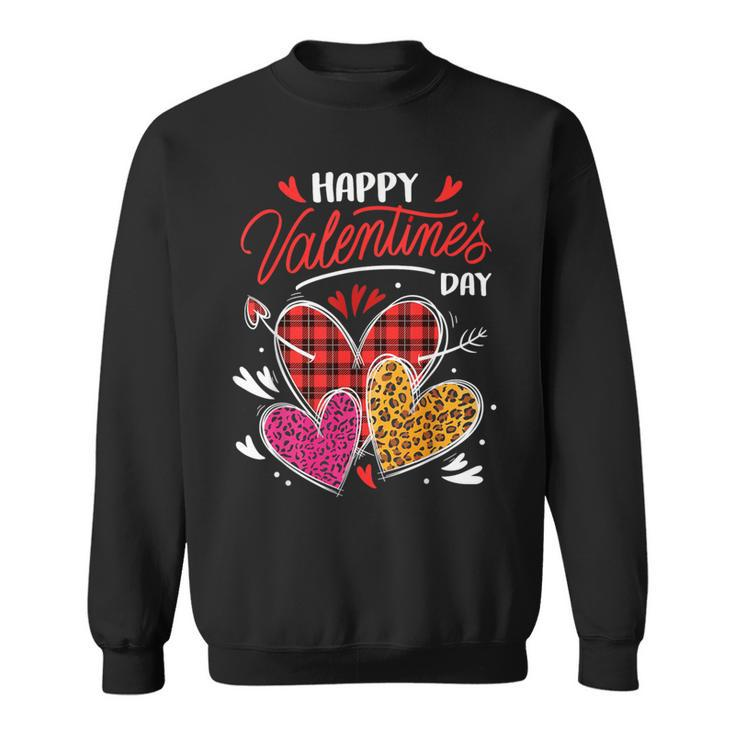 Happy Valentine's Day Three Leopard And Plaid Hearts Girls Sweatshirt