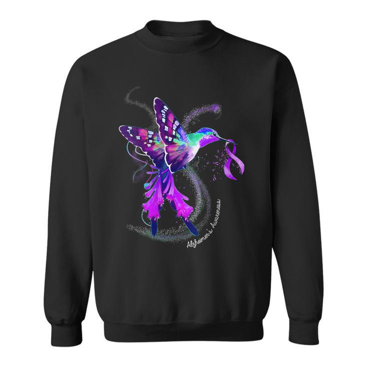 Hummingbird Holding Purple Ribbon Alzheimer's Awareness Sweatshirt