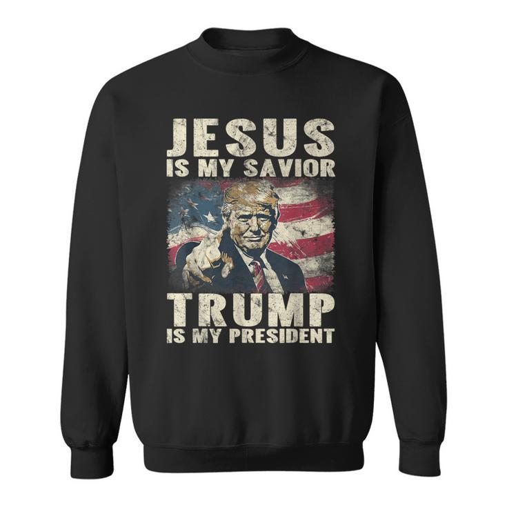 Jesus Is My Savior Trump Is My President 2024 American Flag Sweatshirt