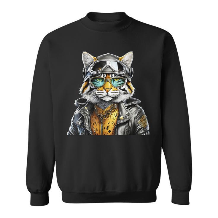 Katze Lederjacke Brille Bikerin Abenteuer Motorradfahrer Sweatshirt