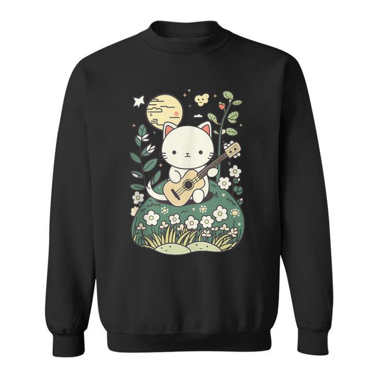 Kawaii Cat Playing Guitar Cute Flowers And Moon Cat Lover Sweatshirt