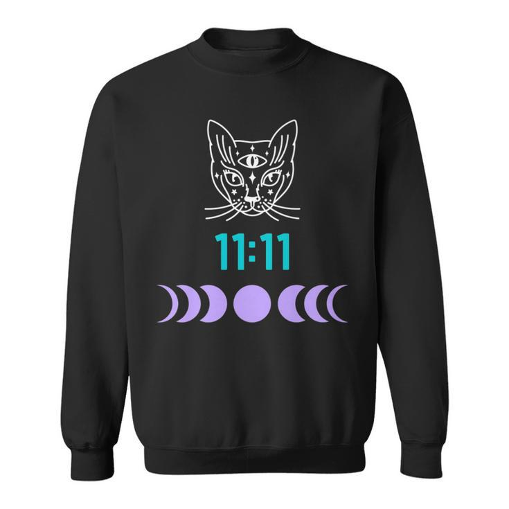 Manifestation Cat And Moon Phase 11 11 Eleven Eleven Purple Sweatshirt