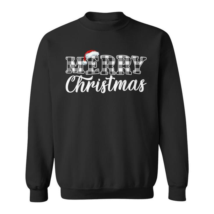 Merry Christmas Buffalo Plaid Black And White Santa Hat Xmas Sweatshirt