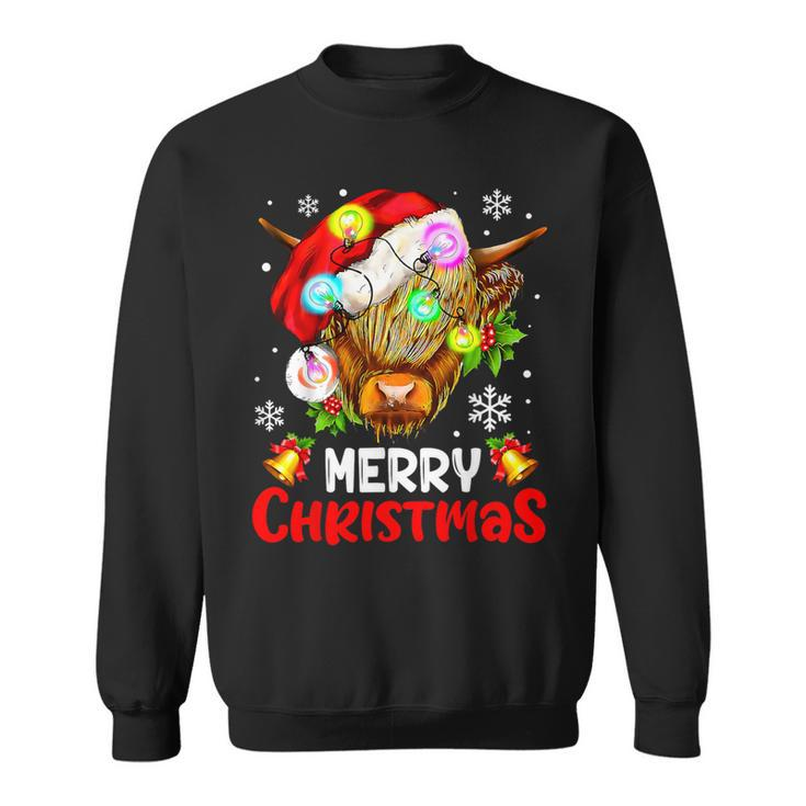 Merry Christmas Highland Cow Western Santa Hat Xmas Pajamas Sweatshirt