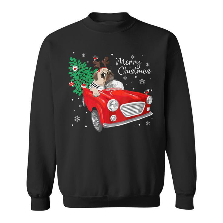 Merry Christmas Vintage Pug Dog Reindeer Red Truck Xmas Tree Sweatshirt