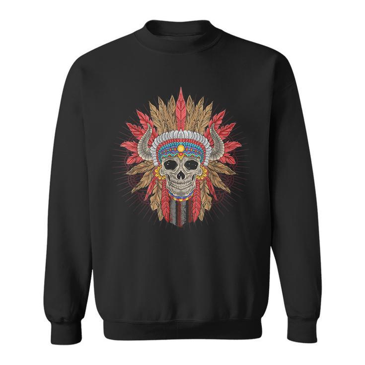 Native American Indian Chief Skull Motorcycle Headdress Red Sweatshirt