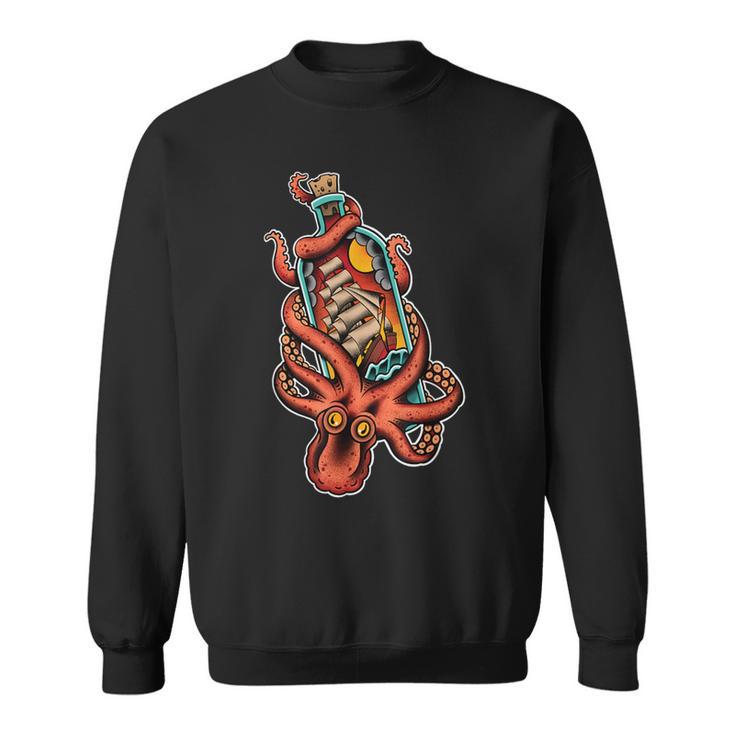 Octopus And Clipper Ship In Bottle Old School Sailor Tattoo Sweatshirt