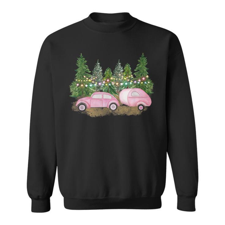 Pink Christmas Retro Pink Car & Camper Christmas Tree Lot Sweatshirt