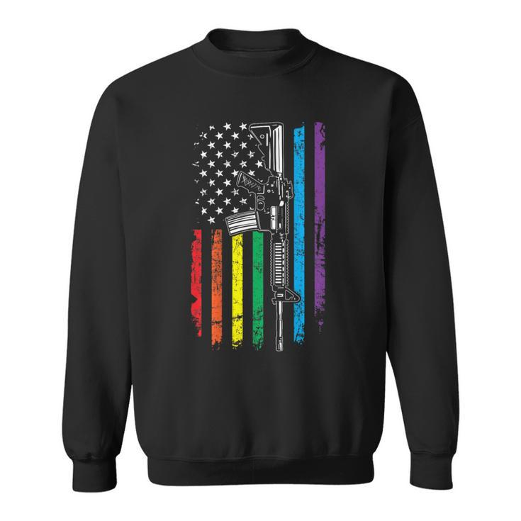 Rainbow Pro Gun American Flag Lgbt Gay Pride Ar15 On Back Sweatshirt