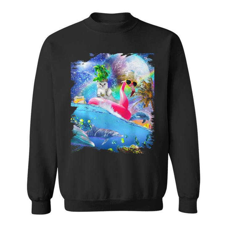 Rainbow Space Galaxy Cat On Flamingo Dolphin Sweatshirt