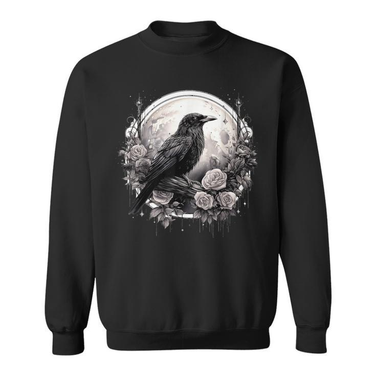 Raven Full Moon Gothic Witchy Crow Roses Mystical Sweatshirt