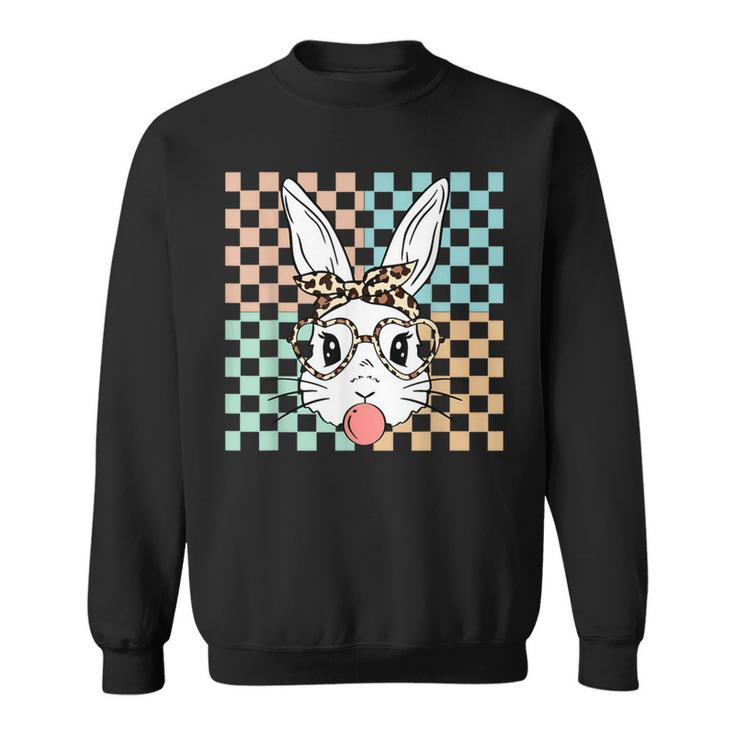 Retro Checkered Bunny Rabbit Face Bubblegum Happy Easter Sweatshirt