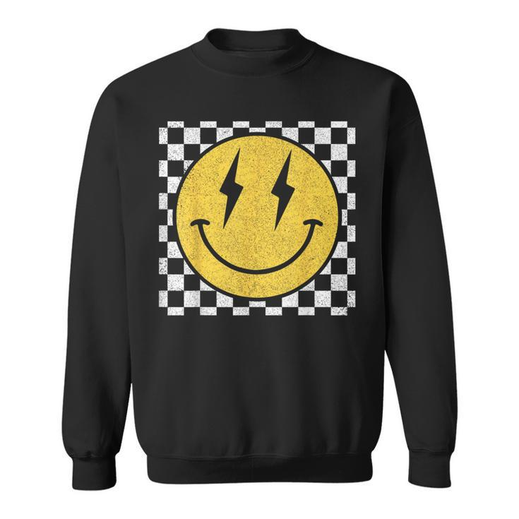 Retro Happy Face Distressed Checkered Pattern Smile Face Sweatshirt