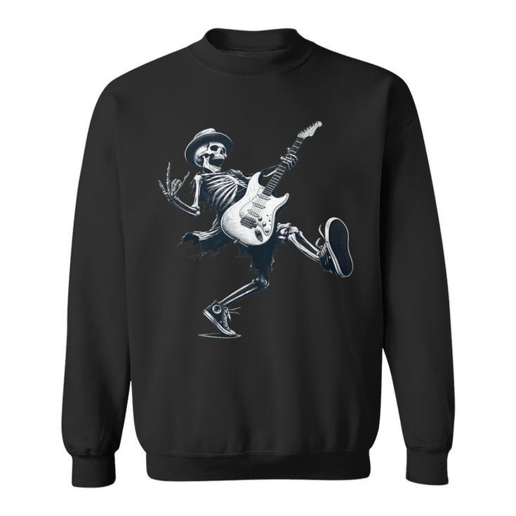 Rock And Roll Graphic Band Skeleton Playing Guitar Sweatshirt