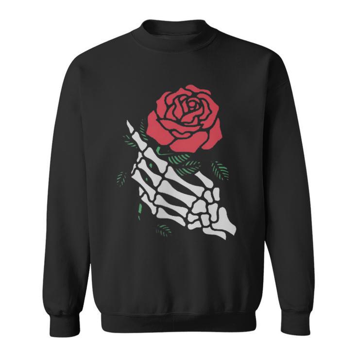 Rote Rose Weißes Skelett Hand Hält Eine Rote Rose Sweatshirt