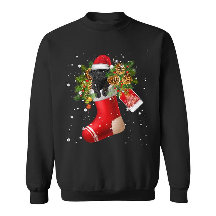 Santa Black Toy Poodle In Christmas Sock Pajama Sweatshirt