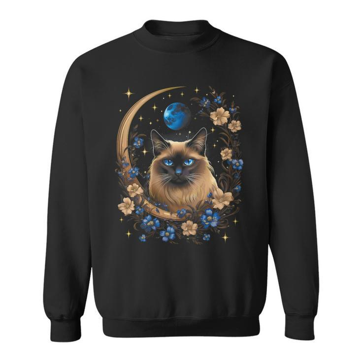 Siamese Cat Moon Surrounded By Flowers Sweatshirt