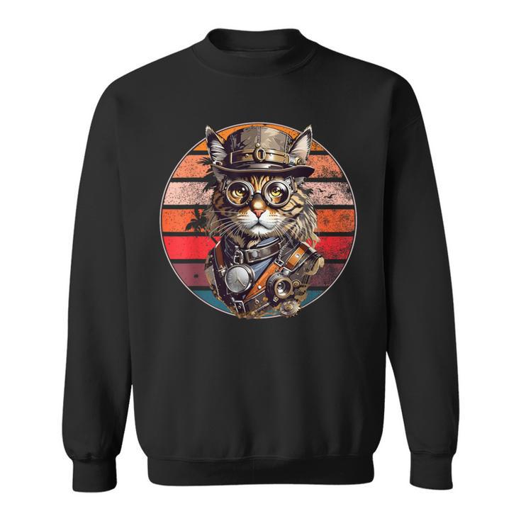 Steampunk Cat Retro Sunset Glasses Hat And Watches Sweatshirt