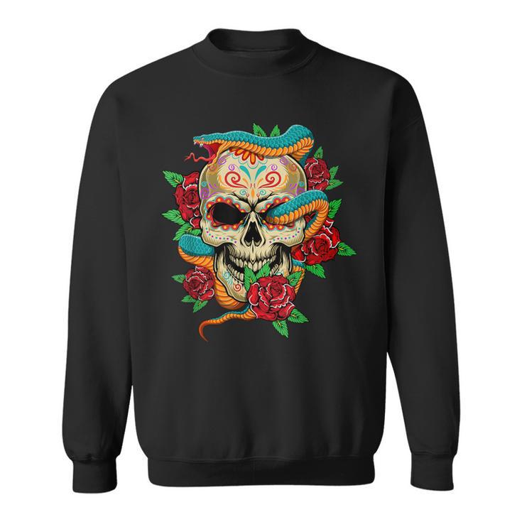 Sugar Skull Day Of Dead Cool Bone Head Skulls Snake Rose Sweatshirt