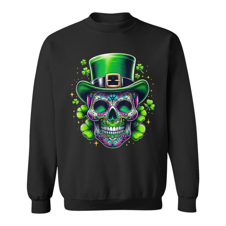 Sugar Skull Wearing Irish Leprechaun Hat St Patrick's Day Sweatshirt