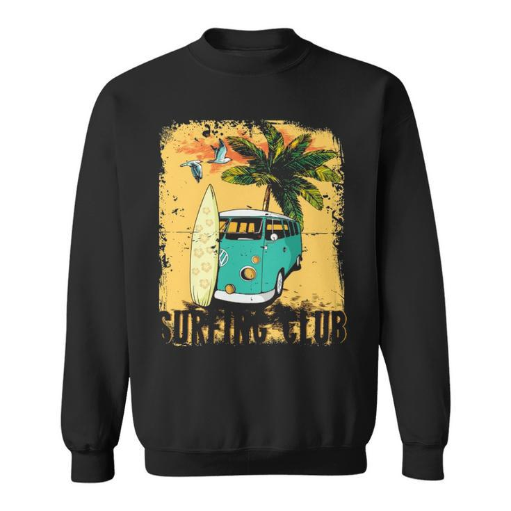 Surfing Summer Beach Hippie Van Bus Surfboard Palm Tree Sweatshirt