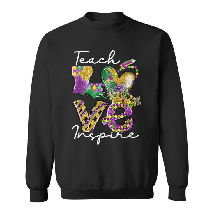 Teacher Mardi Gras Teach Love Inspire Carnival Beads Leopard Sweatshirt
