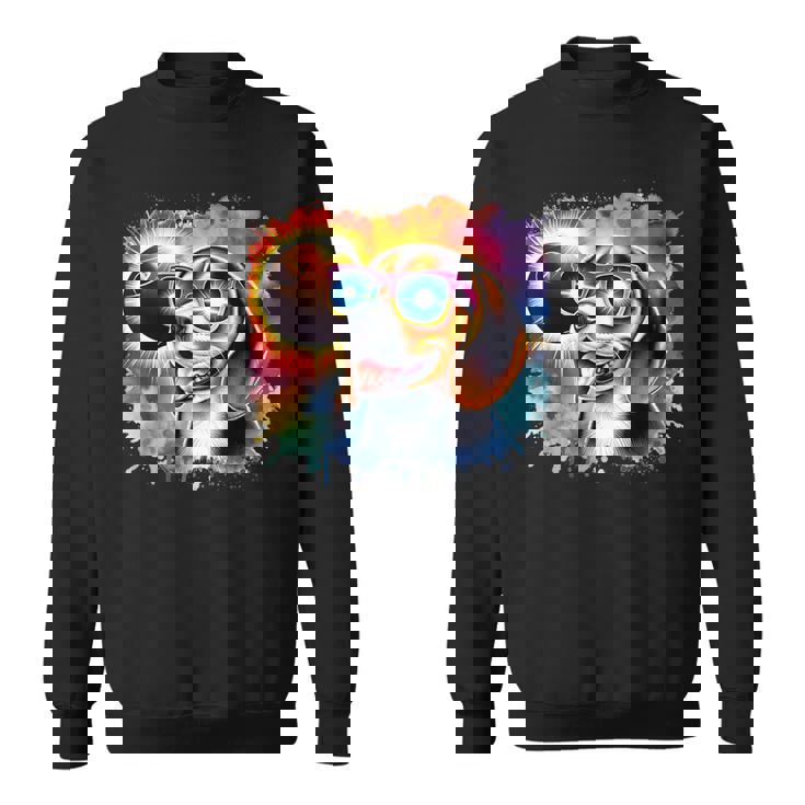 Total Solar Eclipse 2024 Colorful Beagle Dog Wearing Glasses Sweatshirt
